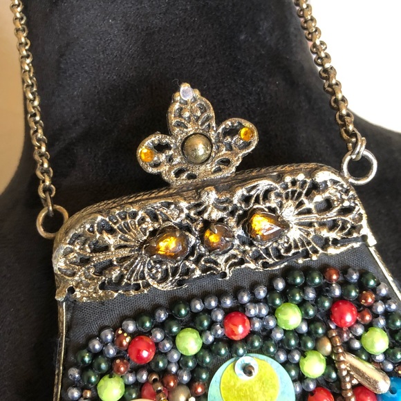 VTG Beaded Multicolored Handbag w/ Metal Flower - Picture 5 of 8